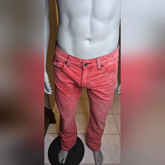 True Religion Men's Slim Jeans in Faded Coral - Picture 2 of 14